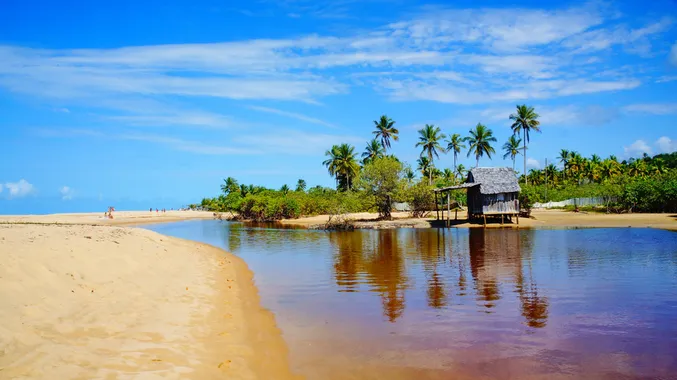 Antiga casa de pescadores no rio em uma linda praia de areia com palmeiras